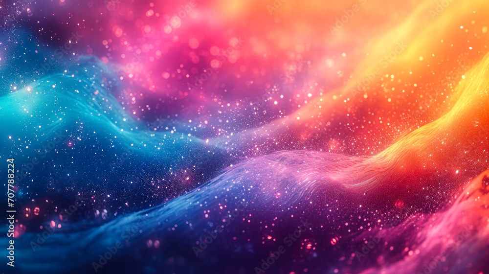 Abstract ethereal wave of colors with sparkling particles, a vibrant fantasy of pink, blue, and orange hues, resembling a dreamy nebula or a magical underwater scene