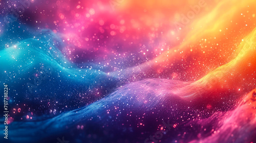 Abstract ethereal wave of colors with sparkling particles, a vibrant fantasy of pink, blue, and orange hues, resembling a dreamy nebula or a magical underwater scene