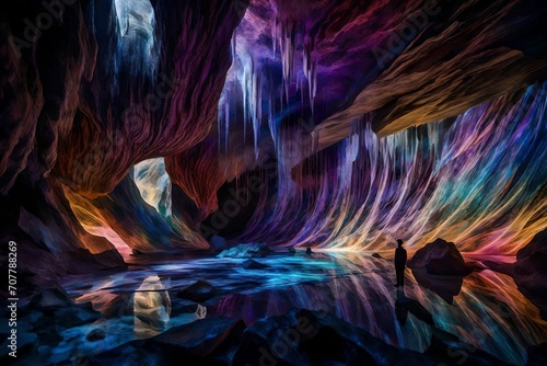 Within an astral cavern, crystalline formations resonate with ephemeral hues, each mineral emitting a unique harmonic frequency.