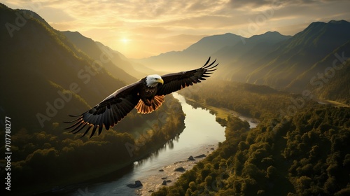 Majestic Eagle Soaring Over Sunlit River Valley. Generative ai © Scrudje