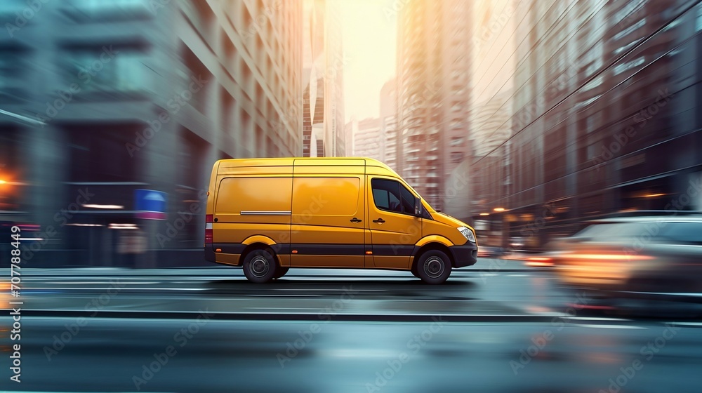 Speeding Delivery Van in Urban Cityscape. Generative ai