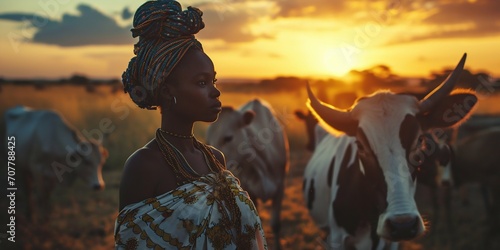 African Woman with Ankole Cattle at Sunset. Generative ai photo
