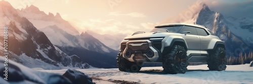 Futuristic All-Terrain Vehicle in a Snowy Mountain Landscape. Generative ai
