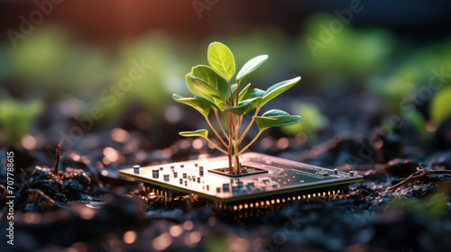 Green Seedling Growing from Computer Chip photo