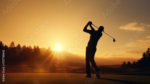 Golfer Swinging Club at Sunrise on Course