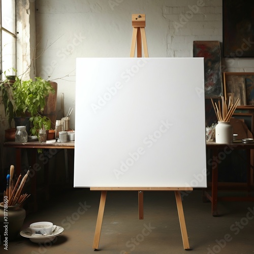 Blank Canvas on Easel in Art Studio Interior. Generative ai © Scrudje