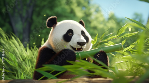 Giant Panda Eating Bamboo in Forest