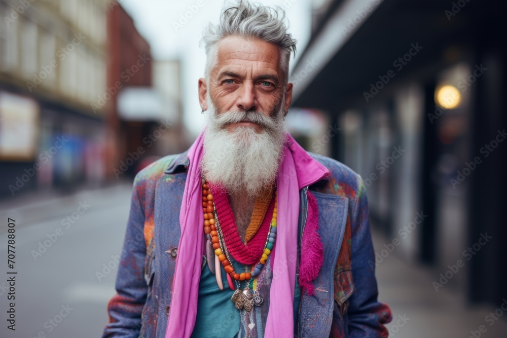 Portrait of a handsome mature man with long white beard and mustache wearing stylish clothes in the city