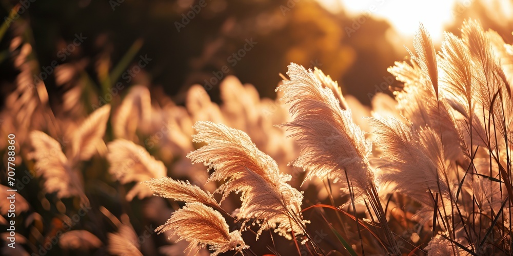 Sunlit Pampas Grass in Warm Tones. Generative ai - obrazy, fototapety, plakaty 