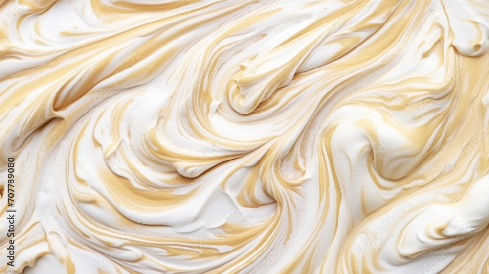 Fototapeta premium Close-up of vanilla ice cream texture. Top view of frozen white-yellow gelato surface. Food background. Generative AI