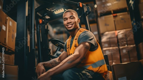 Warehouse Worker Operating a Forklift. Generative ai