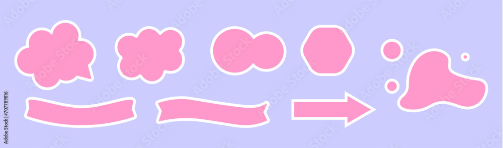 Set of flat pink speech bubbles isolated on purple background. Comic speech bubble black set. silhouette icon. Glyph silhouette empty text banner different shape. Geometric shapes pink silhouette ico