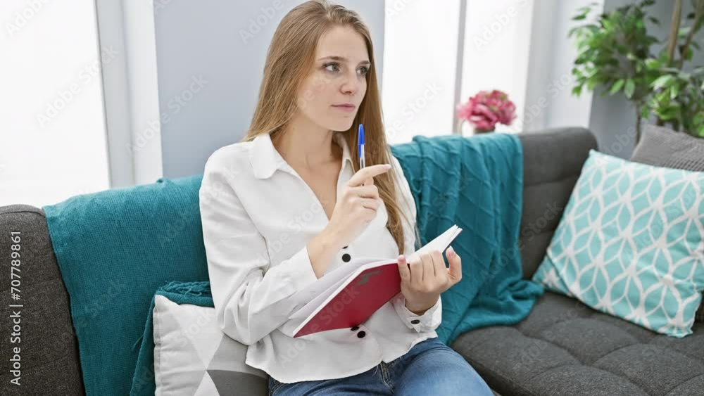 A contemplative young woman takes notes in a cozy living room, illustrating modern home life and casual work. A contemplative young woman takes notes in a cozy living room, illustrating modern home life and casual work.