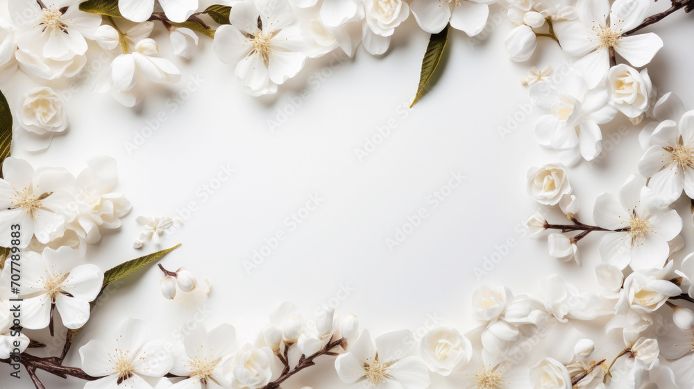 Aesthetic background frame with tender white spring flowers. Copy space. Invitation or greeting concept. Generative AI Aesthetic background frame with tender white spring flowers. Copy space. Invitation or greeting concept. Generative AI