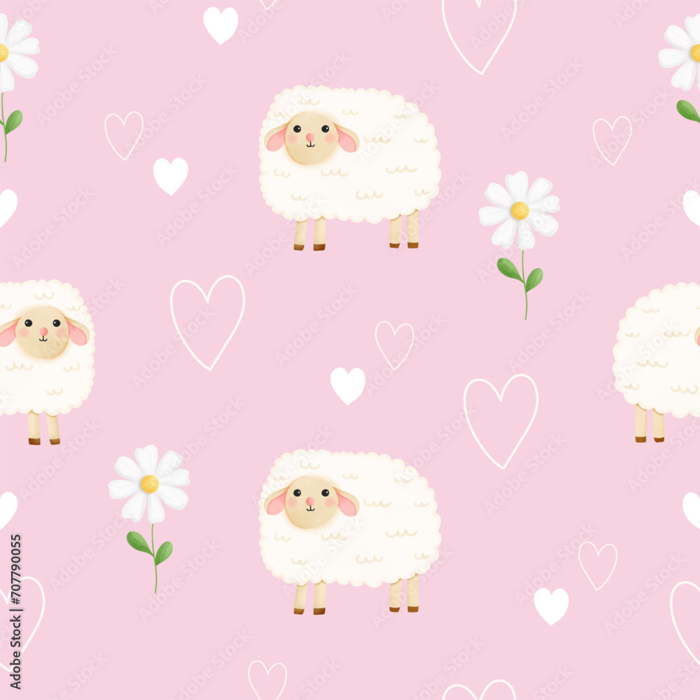 Seamless pattern with cute sheep and flower for your fabric, children textile, apparel, nursery decoration, gift wrap paper, baby's shirt. Watercolor style Seamless pattern with cute sheep and flower for your fabric, children textile, apparel, nursery decoration, gift wrap paper, baby's shirt. Watercolor style