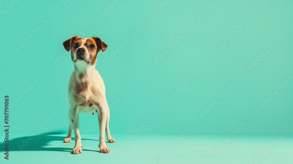 A cute dog stands on a simple background.