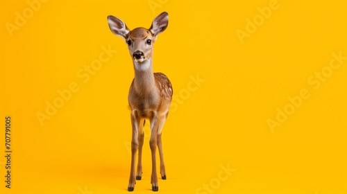 A cute deer stands on a simple background.