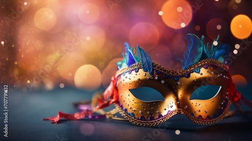 carnival mask with colorful bokeh background © Yuwarin