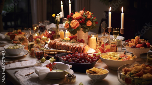 Elegant Dinner Table with Candlelight and Feast