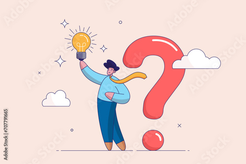QA concept. Question and answer, q and a or solution to solve problem, FAQ frequently asked question, help or creative thinking idea. Smart businessman holding question mark sign and lightbulb
