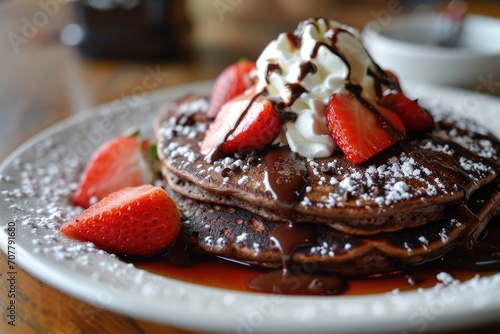 Materialization of Delectable Chocolate Pancake Rich Indulgence with Strawberry Sensation photo
