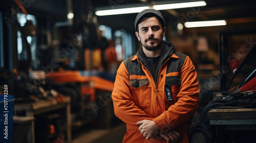 Confident Mechanic in Orange Workwear at Workshop