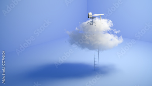 Success or career concept: A ladder leaning against a real cloud in a blue room. An office chair and table on the cloud. The sky is the limit.