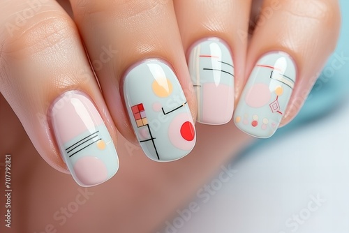 Perfect manicure in pastel colors with bauhaus brutalism retro print hand painted on nails, nail salon ad