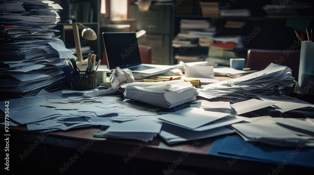 Cluttered Desk Overflowing with Stacks of Paperwork