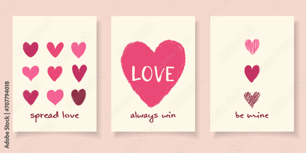 Set 3 celebration cards on beige background and modern typography in flat vector style. Happy Valentines day concept. Hand drawn grunge textured hearts. Holiday seasonal decoration