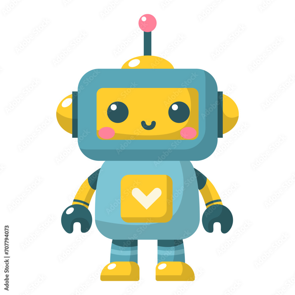 Cheerful funny cartoon children's robot. Cute cyborg, futuristic modern bot, android, smiling character in flat vector illustration isolated on white background. Science technology concept.