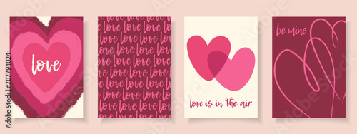 Set 4 trendy festive cards and trendy typography in flat vector style. Happy Valentines day concept. Hand drawn grunge textured hearts. Holiday seasonal decoration