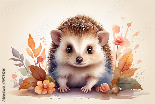 Cute little hedgehog with flowers and leaves on a light background.Watercolor illustration for your design