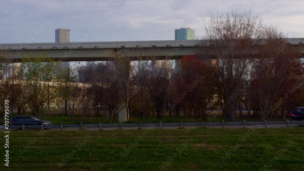 Drone shot from wooded area that reveals downtown Houston, Texas Drone shot from wooded area that reveals downtown Houston, Texas