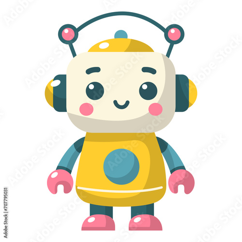Cheerful funny cartoon children's robot. Cute cyborg, futuristic modern bot, android, smiling character in flat vector illustration isolated on white background. Science technology concept.