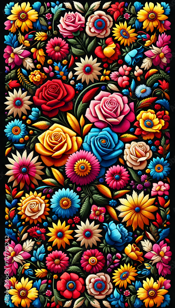 Mexican traditional flowers embroidery pattern on a black background
Mexican traditional flowers embroidery pattern on a black background