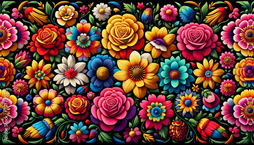 Mexican traditional flowers embroidery pattern on a black background	
 photo
