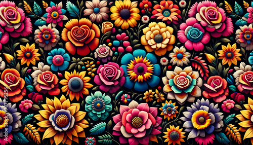Mexican traditional flowers embroidery pattern on a black background	
 photo
