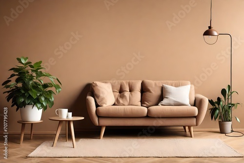 Fototapeta Naklejka Na Ścianę i Meble -  sofa, side table with potted plant against light brown wall with copy space. Scandinavian home interior design of modern living room.  