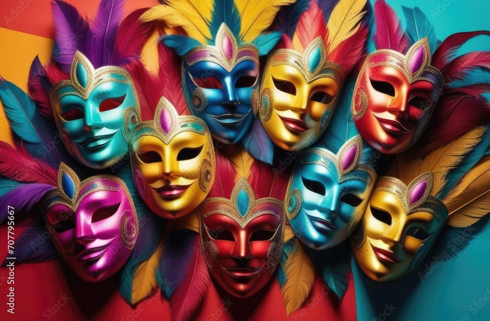 Bright multi-colored carnival masks with feathers. Bright multi-colored carnival masks with feathers.