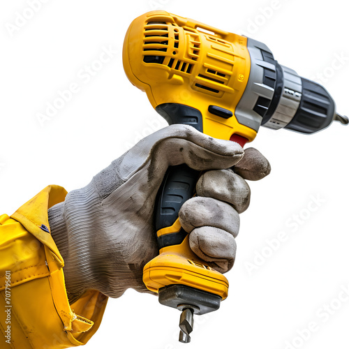 Person using a drill for home improvement isolated on white background, detailed, png
 photo