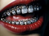 Beautiful plump lips with lipstick and rhinestones on the teeth AI