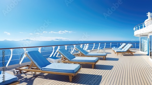 Rows of lounge chairs under a clear, azure sky. © Postproduction