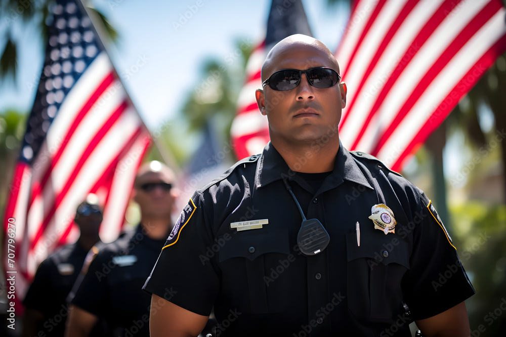 Portrait of Asian police officer standing in front of the US Flag Portrait of Asian police officer standing in front of the US Flag