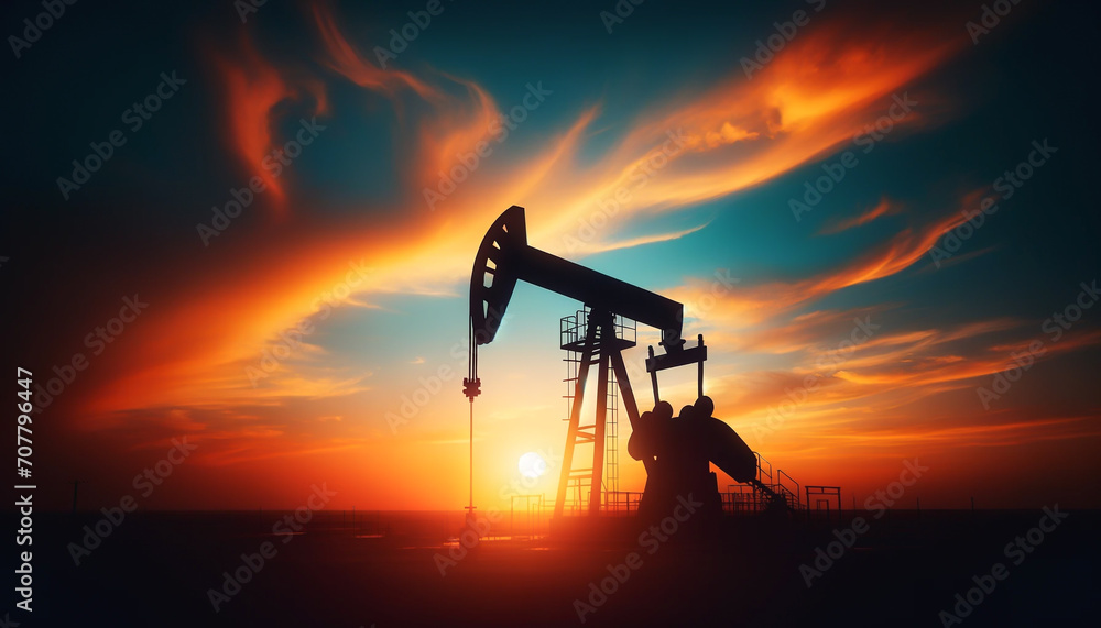Crude oil pumpjack rig on desert silhouette in evening sunset Crude oil pumpjack rig on desert silhouette in evening sunset
