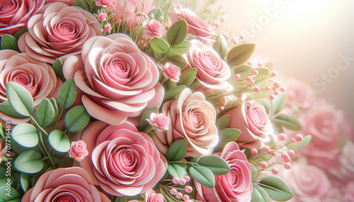 Bouquet of roses on a pink background for valentine's day celebration. Generative ai.