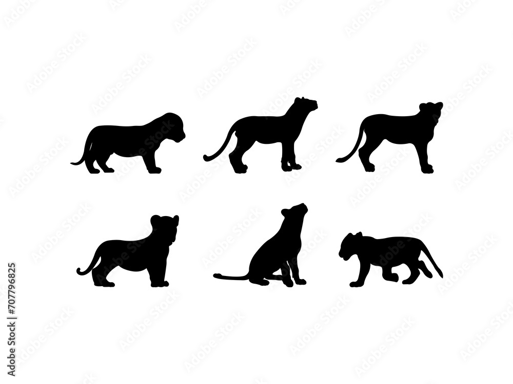 Set of Baby Lion Silhouette in various poses isolated on white background