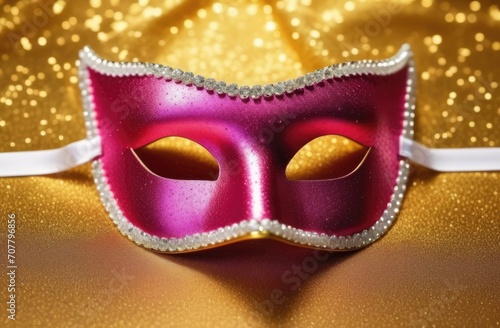 Pink Bright Carnival Eye Mask on Bright Golden Background. © iloli