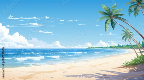 Tropical beach landscape with palm trees and clear sky. Vacation and travel.