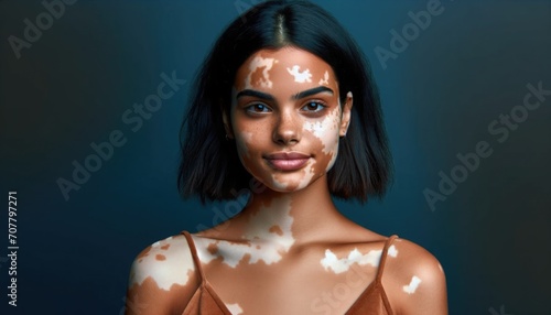 A girl with skin covered with vitiligo spots cheerfully poses. Inclusive and diverse tolerant society concept.